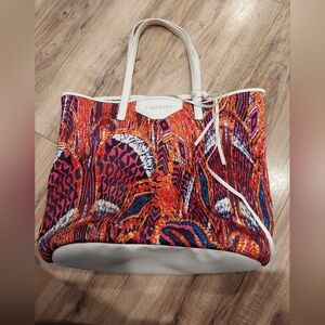 Bebe Multicolor Peacock Print Padded Tote Bag Purse Handbag Tassels Shoulder Bag